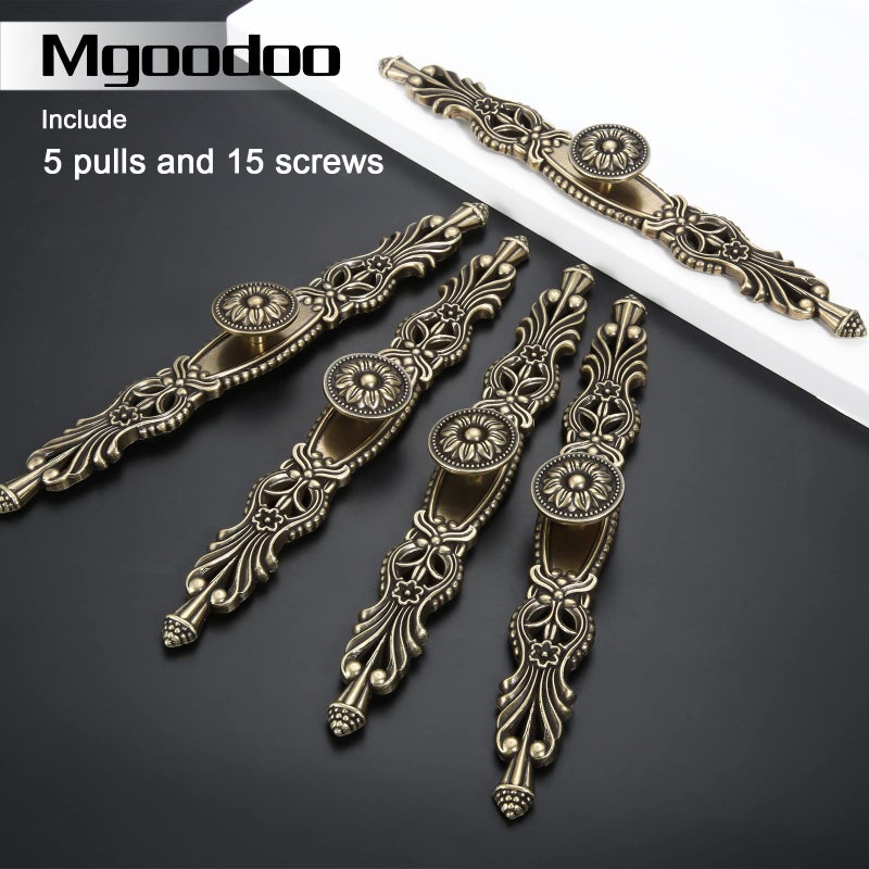 Mgoodoo 5PCS Knobs Handles with Plate, 10.2" Antique Bronze Cabinet Pulls, Vintage Knobs for Drawer Furniture Door Bedroom Kitchen Cupboard with 15 Screws - Image 3